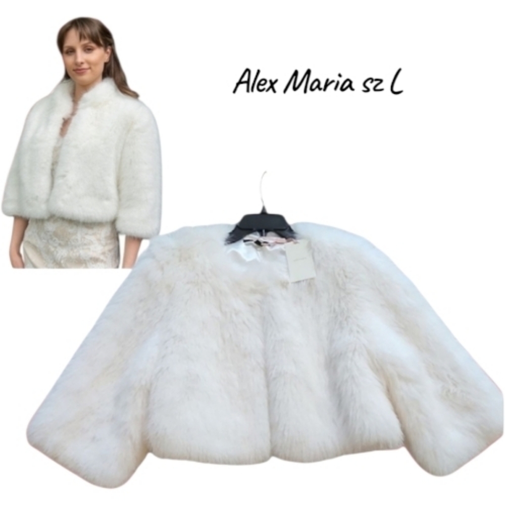 NWT Alex Marie White Faux Fur Bolero Shrug Jacket Cropped sz L